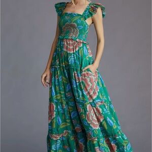Green Ruffled Tiered Maxi Dress with Flutter Sleeves
